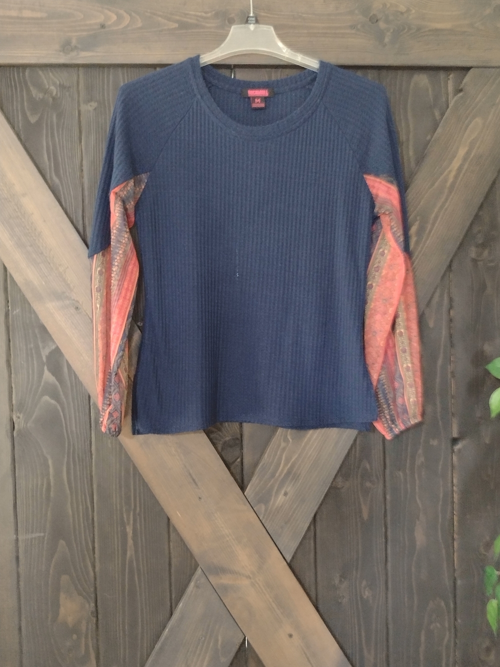 Rock And Roll Cowgirl Waffle Knit Navy Sweater with Coral Patterned Sleeves Sz M